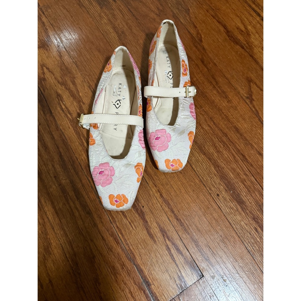 Katy Perry Floral Jacquard Mary Jane Flats Pink Orange Cream Square Toe Shoes